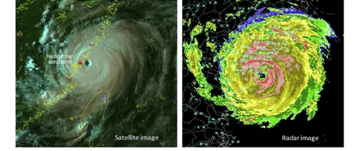 Тайфун из космоса: спутниковый снимок и карта погодного радара. тайфун из космоса: спутниковый снимок и карта погодного радара