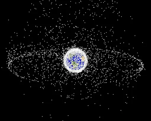 Компьютерная модель распределения космических объектов в околоземном пространстве, согласно описанию NASA 95% из них являются мусором.