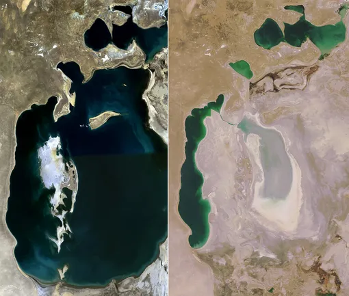 Арал в 1989 и 2008 годах: справа сверху — Малое Аральское море. Арал в 1989 и 2008 годах: справа сверху — Малое Аральское море спутниковый снимок