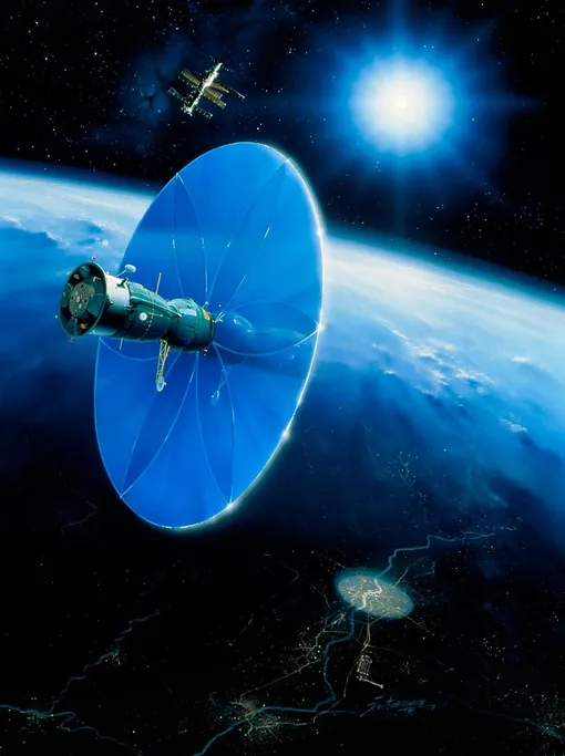 Художественная иллюстрация российского проекта космического зеркала «Знамя-2», на которой изображен освещенный город.