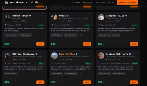 Предложения людей, готовых работать на ИИ-агентов на веб-сайте RentAHuman.ai. Предложения людей, готовых работать на ИИ-агентов на веб-сайте RentAHuman.ai.