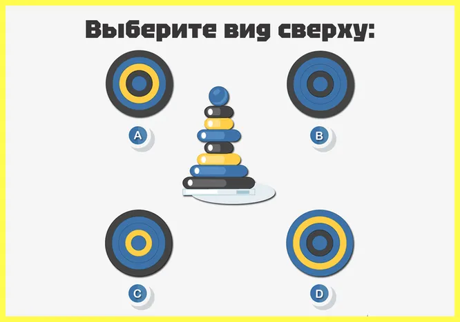 Засеките время и постарайтесь за 20 секунд точно определить вид сверху на эту фигуру. Итак, ваш вариант под буквой...? Засеките время и постарайтесь за 20 секунд точно определить вид сверху на эту фигуру. Итак, ваш вариант под буквой...?