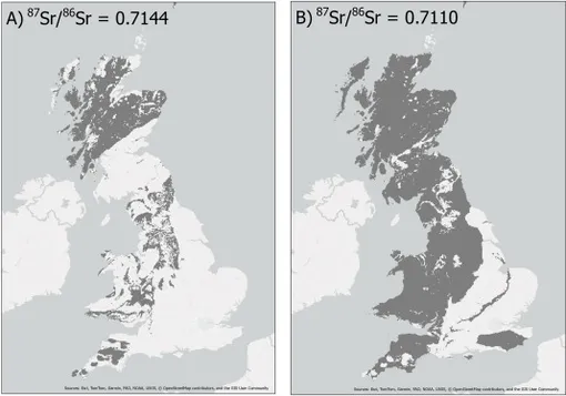 Графики распределений изотопа стронция в британской биосфере с использованием 90 % справочных данных для величины Графики распределений изотопа стронция