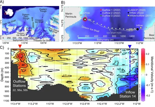 А) Залив Амундсена, Антарктида. Черный прямоугольник обозначает область, изображенную на рисунке (B). Вставка в левом верхнем углу показывает расположение моря Амундсена в Западной Антарктиде (красный прямоугольник). B) Расположение станций отбора проб притока и оттока шельфового ледника Дотсона во время исследований ARTEMIS (настоящее исследование, 2022) и ASPIRE (2011). C) График меридиональных скоростей течений по профилям LADCP (серые пунктирные линии) на основе данных обычных измерений CTD вдоль фронта шельфового ледника в 2022 году, показывающий области притока теплой воды mCDW (синий, в южном направлении) и оттока воды, насыщенной талой водой (красный, в северном направлении). h