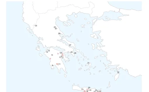 33 археологических памятника, на которых были обнаружены анализируемые находки. Цифры, выделенные красным, обозначают места, где в находках был обнаружен никель, что свидетельствует об их метеоритном происхождении. Gounelle & Mantzourani, J. Archaeol. Sci., 2026 33 археологических памятника, на которых были обнаружены анализируемые находки. Цифры, выделенные красным, обозначают места, где в находках был обнаружен никель, что свидетельствует об их метеоритном происхождении. Gounelle & Mantzourani, J. Archaeol. Sci., 2026