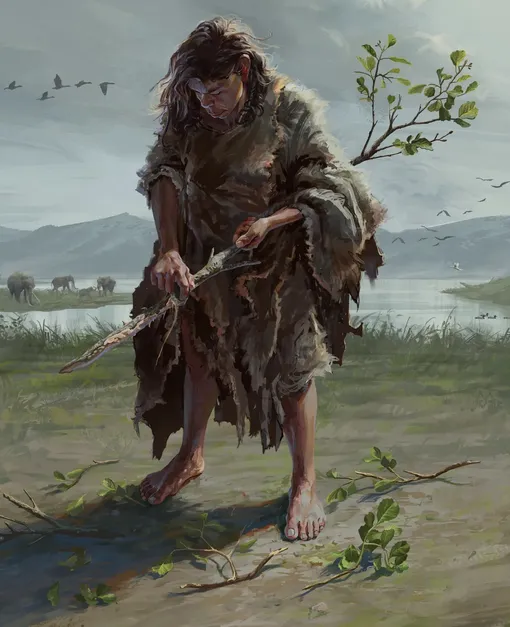 Древний человек с палкой в руках