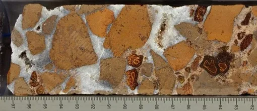 Ядра лавовой брекчии, цементированные белыми минералами карбоната кальция.