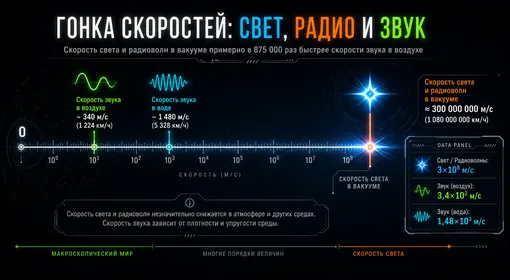 инфографика скоростей звука, света и радио