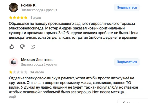 Отзывы на веломастерскую в «Яндекс.Картах»