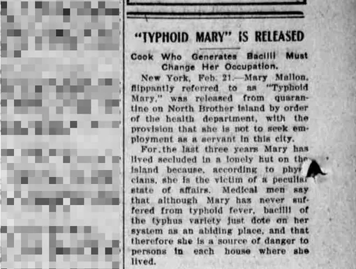 Заметка в газете «The Marion Daily Mirror» от 1910 года: «Мэри Мэллон, которую легкомысленно называли "тифозной Мэри", была выписана из карантина на острове Северный Бразер по приказу департамента здравоохранения с условием, что она не будет работать прислугой в этом городе» Освобождение Мэри Мэллон