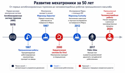 Линейная схема, показывающая развитие мехатроники за 50 лет Линейная схема, показывающая развитие мехатроники за 50 лет