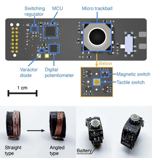 Длительное время автономной работы кольца является результатом уникальной системы питания, называемой полупассивной индуктивной телеметрией (полу-PIT), которая соединяет кольцо с браслетом, который служит реле между кольцом и устройством, которым оно управляет. / Длительное время автономной работы кольца является результатом уникальной системы питания, называемой полупассивной индуктивной телеметрией (полу-PIT), которая соединяет кольцо с браслетом, который служит реле между кольцом и устройством, которым оно управляет. /