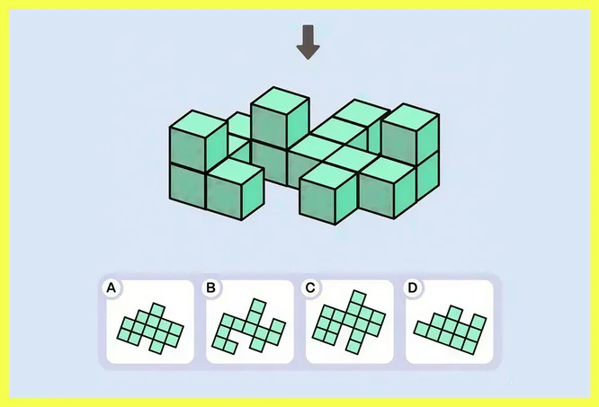Покрутите эту фигуру в уме и подумайте, как она будет выглядеть, если посмотреть на нее сверху? Подумайте, под какой буквой представлен правильный вариант.