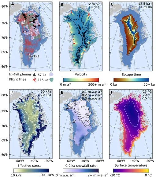 Соответствующие свойства GrIS при рассмотрении конвекции. Значения контуров указаны в правом верхнем углу каждой панели. Соответствующие свойства GrIS при рассмотрении конвекции. Значения контуров указаны в правом верхнем углу каждой панели.