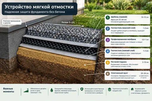 Вот такой слоеный пирог получается. В мягкой отмостке геотекстиль необязателен, только если грунт не склонен к пучению. Но лучше им не пренебрегать, так как он выполняет разделительную функцию Мягкая отмостка
