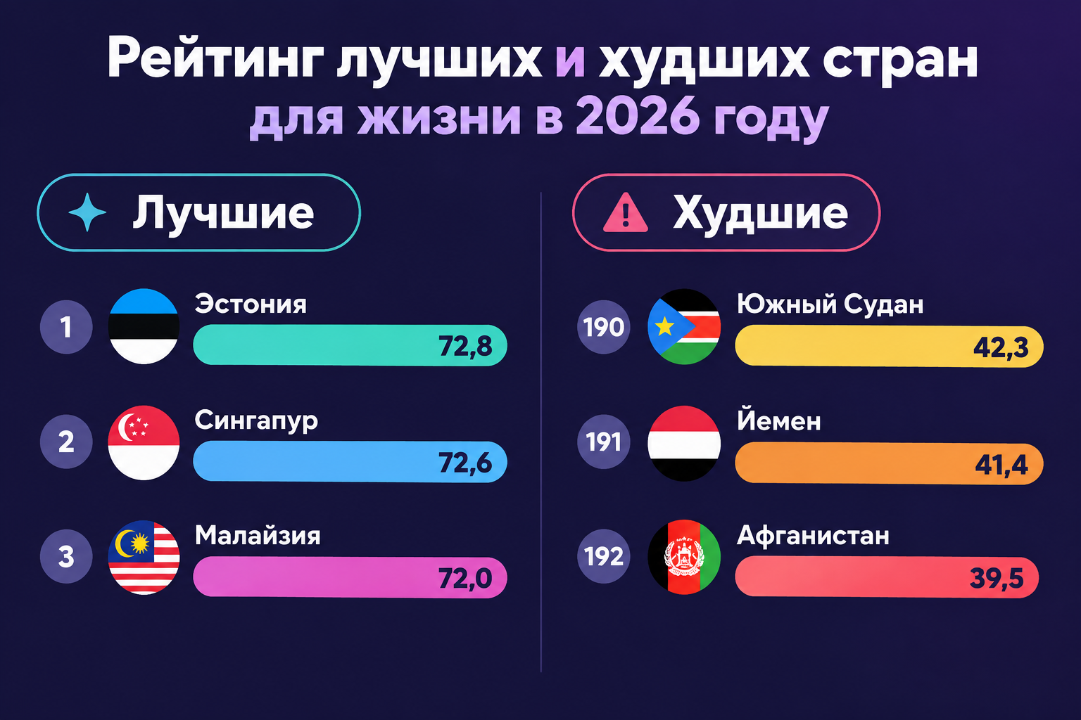 Рейтинг лучших и худших стран для жизни в 2026 году: инфографика