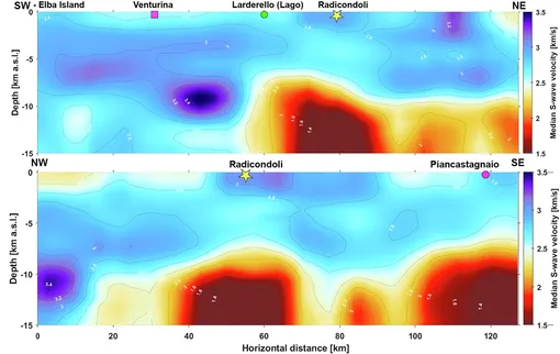 Геотермальная система Лардерелло, Тоскана, Италия, питающаяся от тысяч кубических километров магмы, находящейся в средних слоях земной коры.