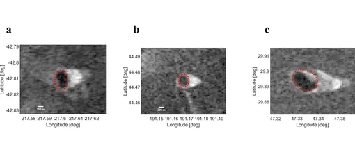 Сравнение откликов радара Magellan SAR от разных ям. a Яма возле горы Идунн. b Яма в равнине Ганики и c предполагаемый световой люк, обозначенный буквой A, возле горы Никс, показанный на предыдущем рисунке.