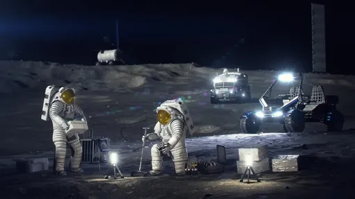 Художественное изображение астронавтов, работающих на поверхности Луны. NASA Художественное изображение астронавтов, работающих на поверхности Луны. NASA