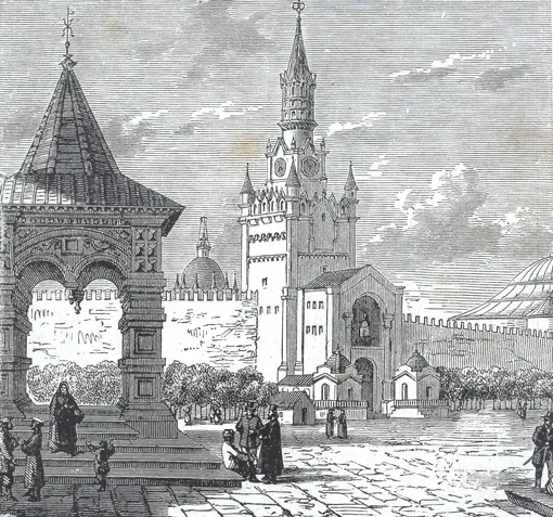 Башня на заднем плане — Спасская башня Московского Кремля, ок. 1870 года
