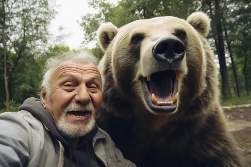 медведь и охотник, ИИ-изображение