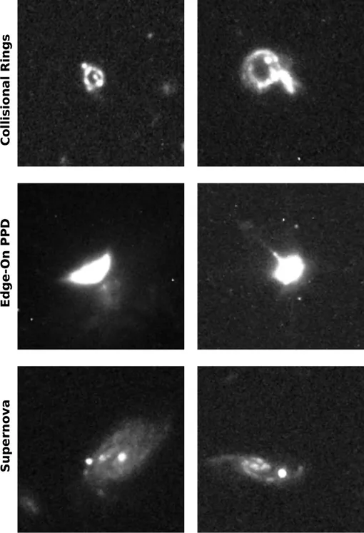 Пропущенные открытия Хаббла. Две системы коллизионных колец, два протопланетных диска, расположенных ребром, и две галактики, содержащие сверхновые.