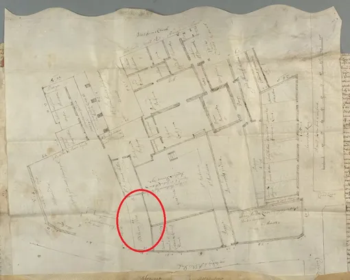 Дом Шекспира в Лондоне на плане района Блэкфрайарс, датированном 1668 годом, выделен красным овалом.