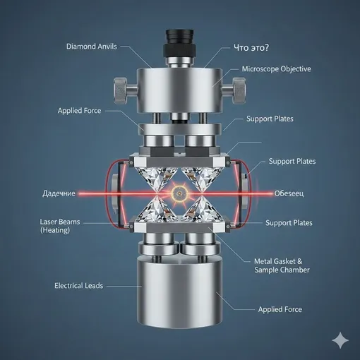 Алмазная наковальня основана на простом физическом законе: давление — это сила, деленная на площадь. Если приложить даже небольшое усилие к крошечной поверхности, давление на ней будет колоссальным. Берутся два идеально ограненных природных или синтетических алмаза. Их верхушки (калетты) стачиваются до плоской площадки диаметром меньше человеческого волоса (от 10 до 100 микрон). Исследуемое вещество (в нашем случае железо и водород) помещается в маленькое отверстие в металлической прокладке между этими двумя алмазами. Когда винты наковальни затягиваются, алмазы начинают давить друг на друга. Благодаря твердости алмаза ученые достигают давления в миллионы атмосфер (сотни гигапаскалей), что соответствует давлению в ядре планеты.