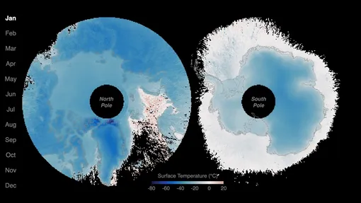 Температура поверхности в полярных регионах Земли в январе. NASA PREFIRE (Polar Radiant Energy in the Far-InfraRed Experiment). NASA Температура поверхности в полярных регионах Земли в январе. NASA PREFIRE (Polar Radiant Energy in the Far-InfraRed Experiment). NASA