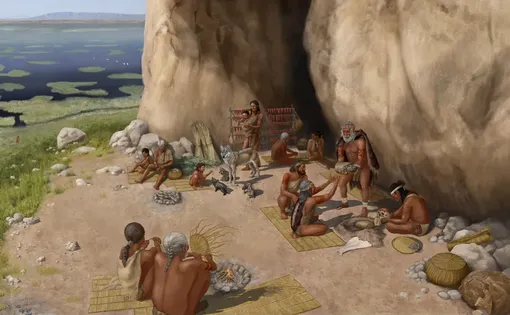 Художественное изображение жизни собак и древних людей 15 800 лет назад в Пинарбаши