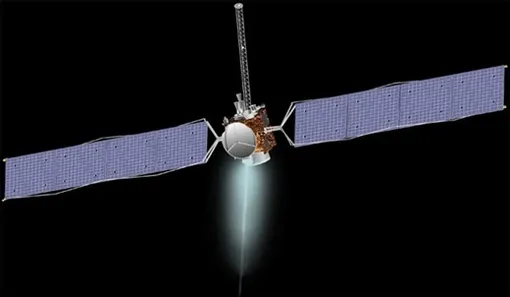 Художественная реконструкция космического аппарата NASA Dawn в полете.