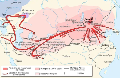Основные военные походы монгольской армии 1207—1227. Возникшая Монгольская империя создала инфраструктуру для распространения чумы, которая достигла самых глухих уголков Сибири