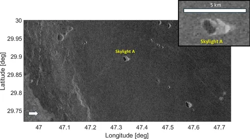 Радарное изображение Венеры, полученное с помощью радиолокатора Магеллан (Magellan’s Radar System), на котором видны несколько цепочек ям и идентифицированный просвет, обозначенный буквой A, который, возможно, обеспечивает доступ к подповерхностному пространству (т. е. пустоте). Белая стрелка указывает направление освещения радаром.