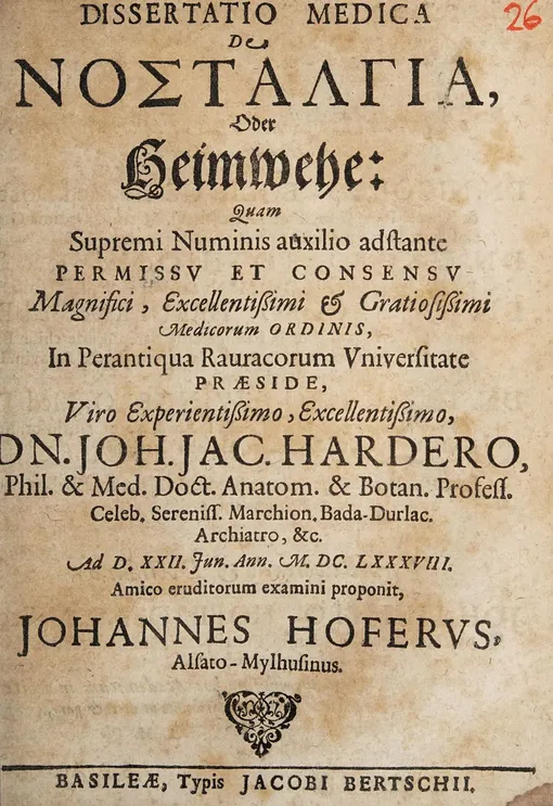Титульный лист научной работы Йоханнеса Хофера, в которой он впервые упомянул термин «ностальгия». Работа получила название «Медицинская диссертация о ностальгии, или тоске по дому». Титульный лист научной работы Йоханнеса Хофера, в которой он впервые упомянул термин «ностальгия». Работа получила название «Медицинская диссертация о ностальгии, или тоске по дому».