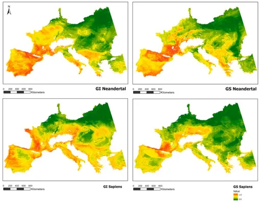 Модели пригодности среды обитания, использованные в работе, включая: модели неандертальцев и модели сапиенсов в контрастных климатических условиях (GS: стадиальный период / GI: межстадиальный период).