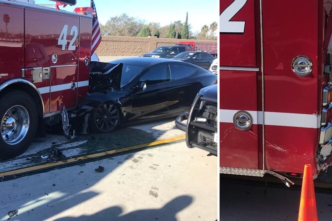 Tesla на автопилоте протаранила пожарную машину Tesla на автопилоте протаранила пожарную машину