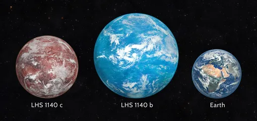 Сравнительные размеры планет LHS 1140с, LHS 1140b и Земли. Сравнительные размеры планет LHS 1140с, LHS 1140b и Земли.