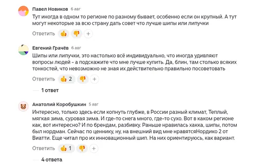скриншот из обсуждения статьи на Дзен о зимних шинах