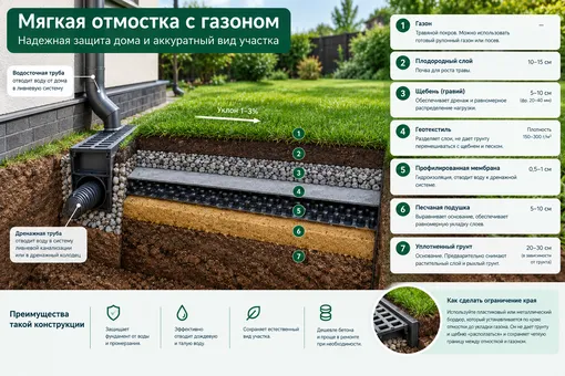 Вода с крыши не должна сбрасываться прямо на отмостку — ее отводят через водосточную и дренажную систему Как сделать мягкую отмостку