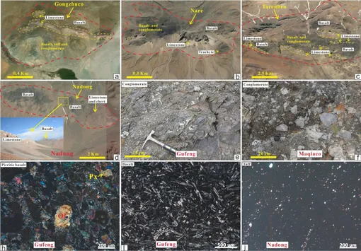 (a) Спутниковый снимок Гунчжуко, полученный с помощью дистанционного зондирования; (b) Спутниковый снимок Наре, полученный с помощью дистанционного зондирования; (c) Спутниковый снимок Таренбена, полученный с помощью дистанционного зондирования; (d) Спутниковый снимок Надона, полученный с помощью дистанционного зондирования, и полевая фотография (вставка); (e) Конгломерат из Гуфэна; (f) Конгломерат из Мацяо; (g) Пикритовый базальт из Гуфэна; (h) Базальт из Гуфэна; (i) Туф из Надона. Ol, оливин; Px, пироксен.