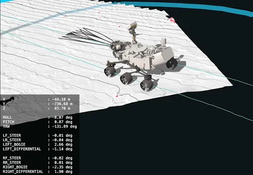 Кадр анимации, созданной на основе данных, полученных во время движения Perseverance 10 декабря 2025 года по краю кратера Джезеро. Бледно-голубые линии обозначают след, который оставляют колеса марсохода. Черные линии, извивающиеся перед марсоходом, показывают варианты маршрута, которые он рассматривает. Белая местность — это карта высот, основанная на данных марсохода. Синий круг, появляющийся в конце анимации, — это путевая точка.