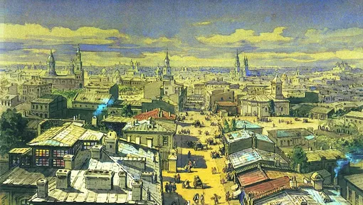 Панорама Бухареста, 22 июля 1868 года, вид с башни Кольця (ныне снесенной), недалеко от Университетской площади. /