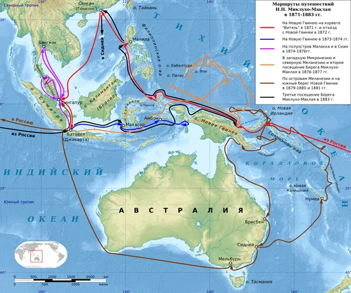 Карта путешествий Миклухо-Маклая