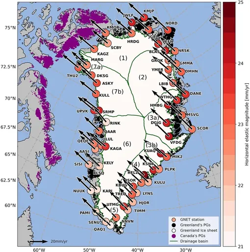 Карта показывает северо-западное горизонтальное притяжение Североамериканской тектонической плиты. Красными кружками отмечено расположение спутниковых станций. /