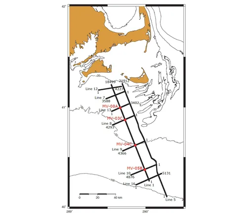 Коричневым обозначены острова и полуострова Новой Англии. Штат Массачусетс. Базовая карта региона исследования экспедиции IODP, включая предлагаемые участки (основные участки = сплошные красные кружки и красные цифры; возможные участки = сплошные серые кружки и серые цифры).