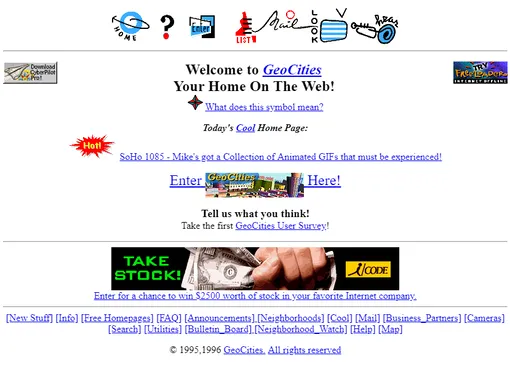 Главная страница GeoCities в 1995 году Главная страница GeoCities, 1995 год