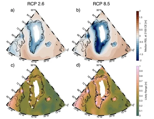Прогнозы общего относительного изменения уровня моря показывают, что уровень моря вокруг Гренландии понизится как при низком (RCP 2.6), так и при высоком (RCP 8.5) сценарии выбросов. Прогнозы общего относительного изменения уровня моря показывают, что уровень моря вокруг Гренландии понизится как при низком (RCP 2.6), так и при высоком (RCP 8.5) сценарии выбросов.