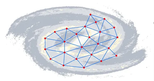 Иллюстрация цивилизации, основанной на сети линейных путей и узлов. Космические корабли этой цивилизации ускоряются и замедляются вдоль каждого пути, так что несколько судов одновременно прибывают в каждый узел, когда цивилизационная рамка совпадает с рамкой Млечного Пути. Иллюстрация цивилизации, основанной на сети линейных путей и узлов. Космические корабли этой цивилизации ускоряются и замедляются вдоль каждого пути, так что несколько судов одновременно прибывают в каждый узел, когда цивилизационная рамка совпадает с рамкой Млечного Пути.