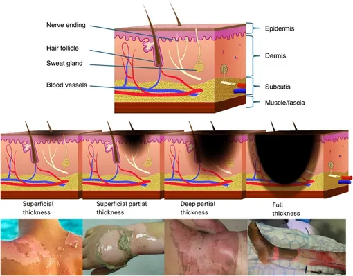Поперечная анатомия и клинические проявления прогрессирующих глубин ожогов. Верхнее изображение иллюстрирует нормальную анатомию кожи, показывая эпидермис, дерму (содержащую волосяные фолликулы, потовые железы, нервные окончания и кровеносные сосуды), подкожный жир и лежащие ниже мышцы/фасции. Нижняя панель, слева направо: поверхностные ожоги (только эпидермис), поверхностные ожоги частичной толщины (верхняя дерма), глубокие ожоги частичной толщины (более глубокая дерма) и ожоги полной толщины (полное разрушение дермы).