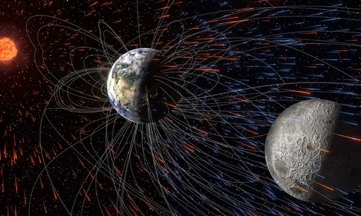 Солнечный ветер (желто-оранжевые следы) вырывает ионы из верхних слоев атмосферы Земли (голубые следы). Некоторые из этих частиц движутся вдоль линий магнитного поля Земли (сплошные белые кривые) и оседают на поверхности Луны. В результате этого процесса на лунной почве могут оставаться следы атмосферы Земли. Солнечный ветер (желто-оранжевые следы) вырывает ионы из верхних слоев атмосферы Земли (голубые следы). Некоторые из этих частиц движутся вдоль линий магнитного поля Земли (сплошные белые кривые) и оседают на поверхности Луны. В результате этого процесса на лунной почве могут оставаться следы атмосферы Земли.